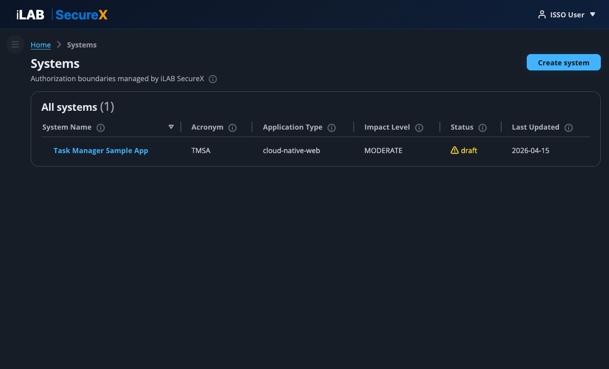 Systems list page showing all registered systems