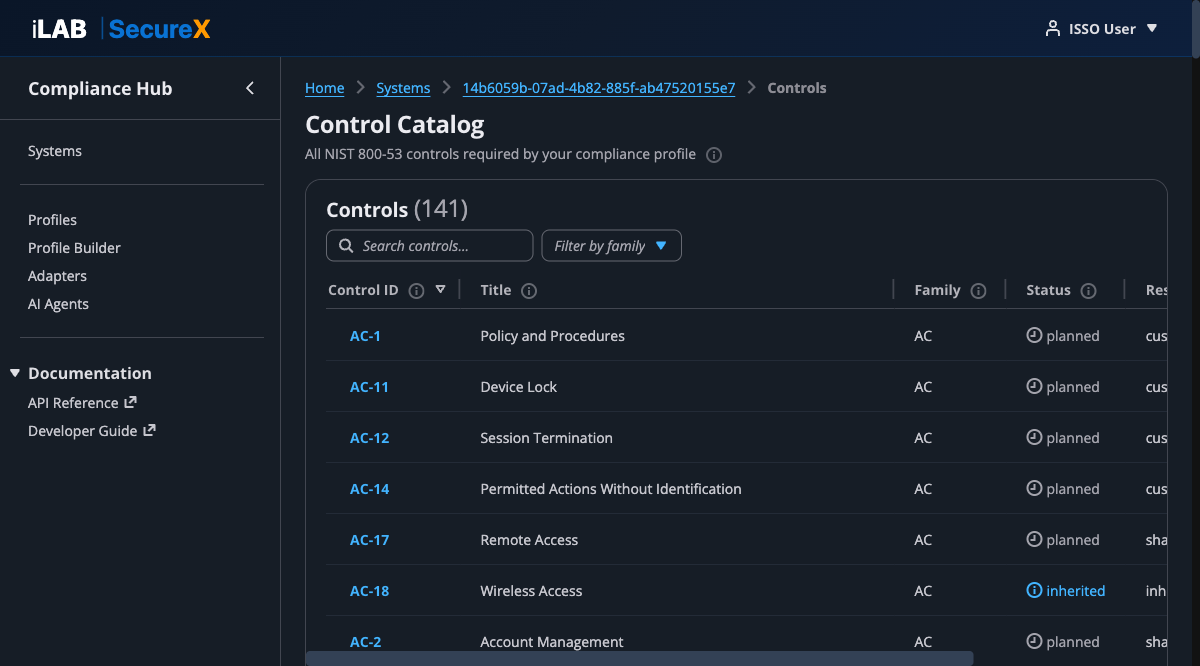 Control Catalog showing 141 controls with search and family filter