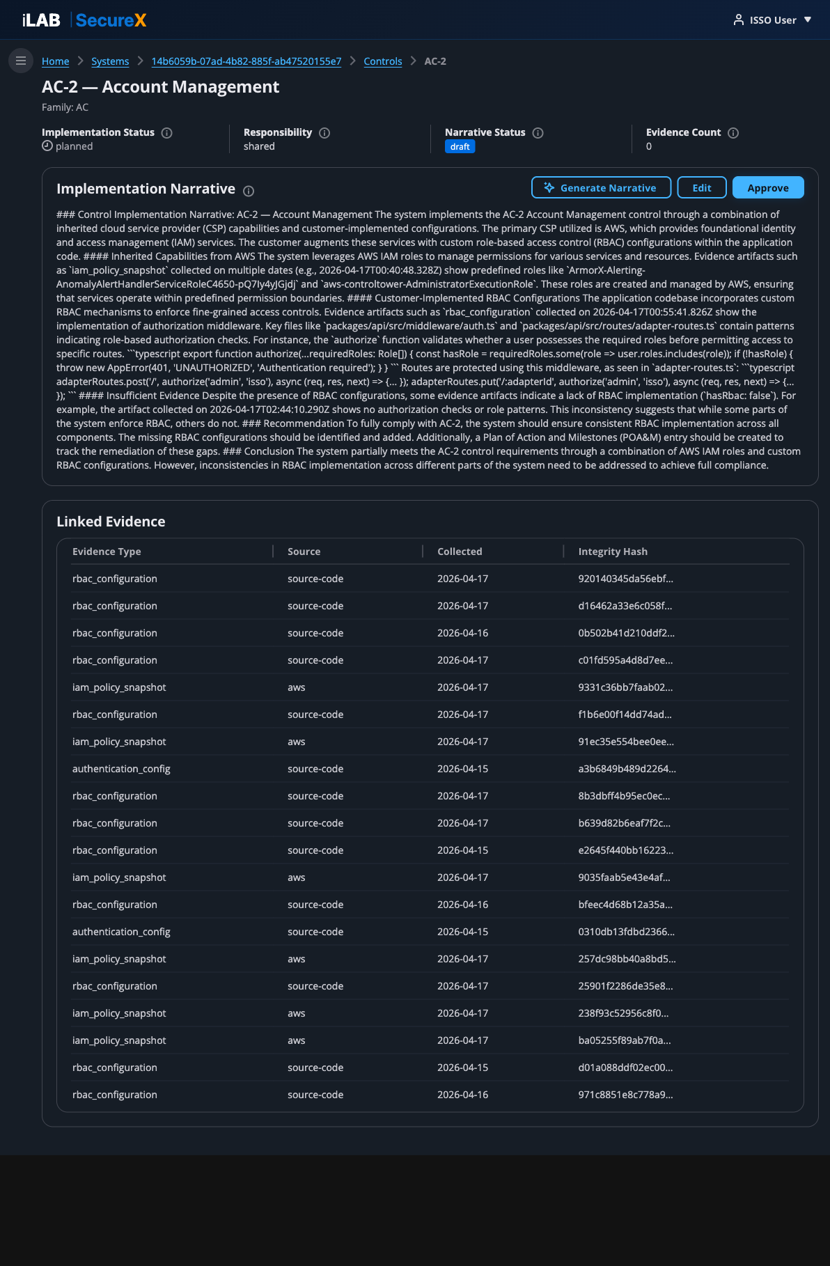 Control Detail page showing AC-2 with narrative, evidence, and approve button