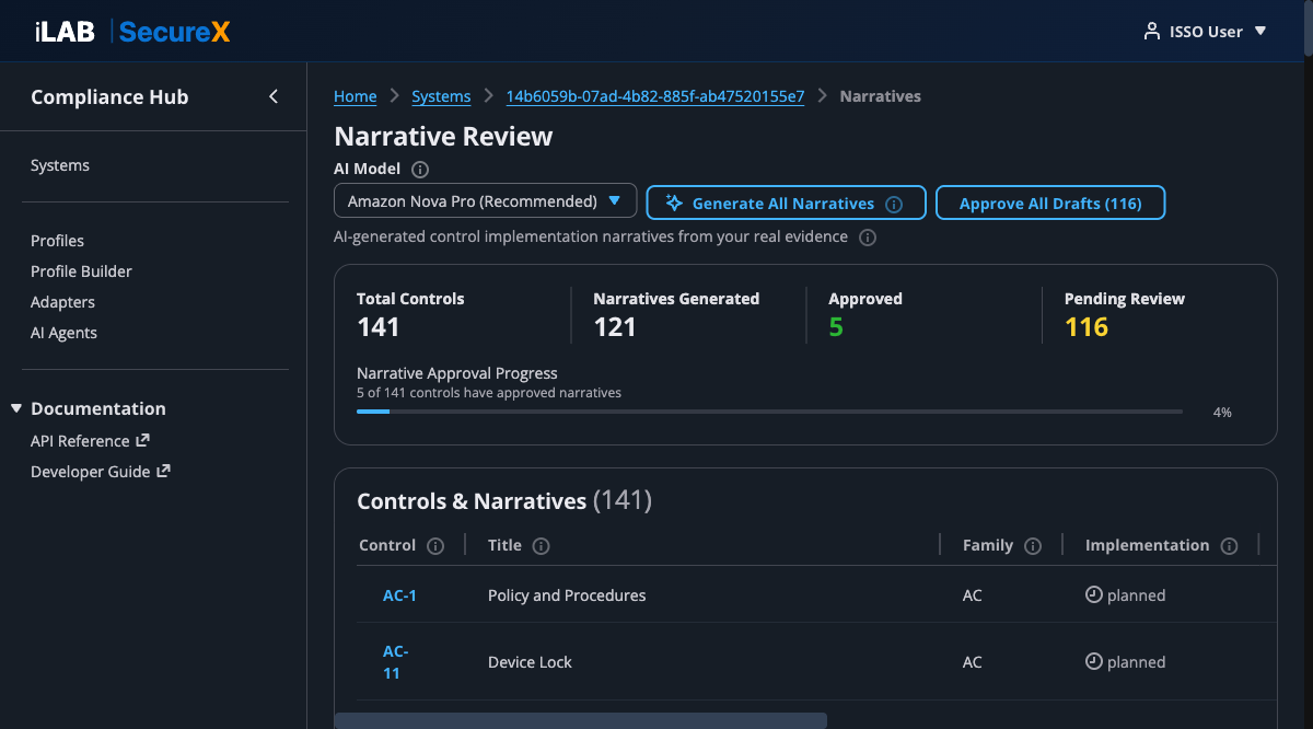 Narrative Review page with AI model selector, progress summary, and controls table