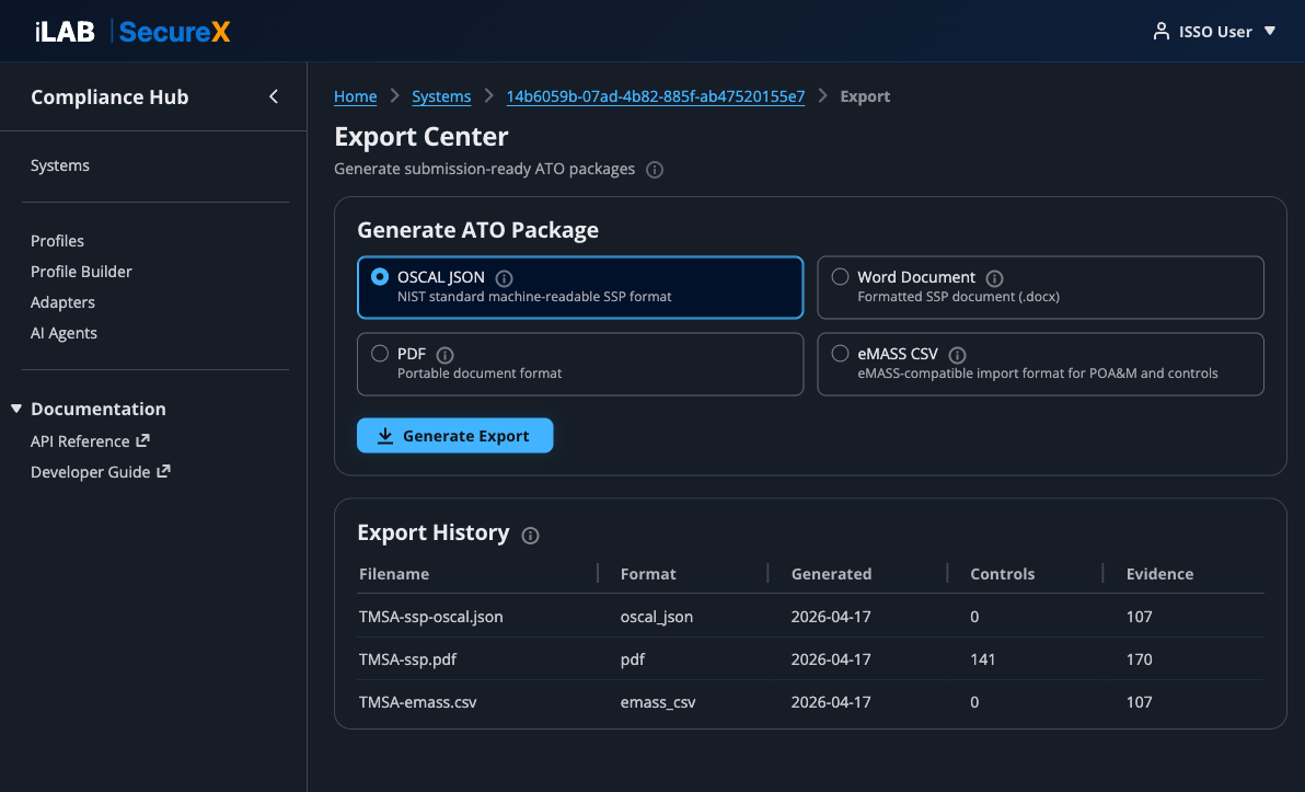 Export Center with format selection tiles and export history