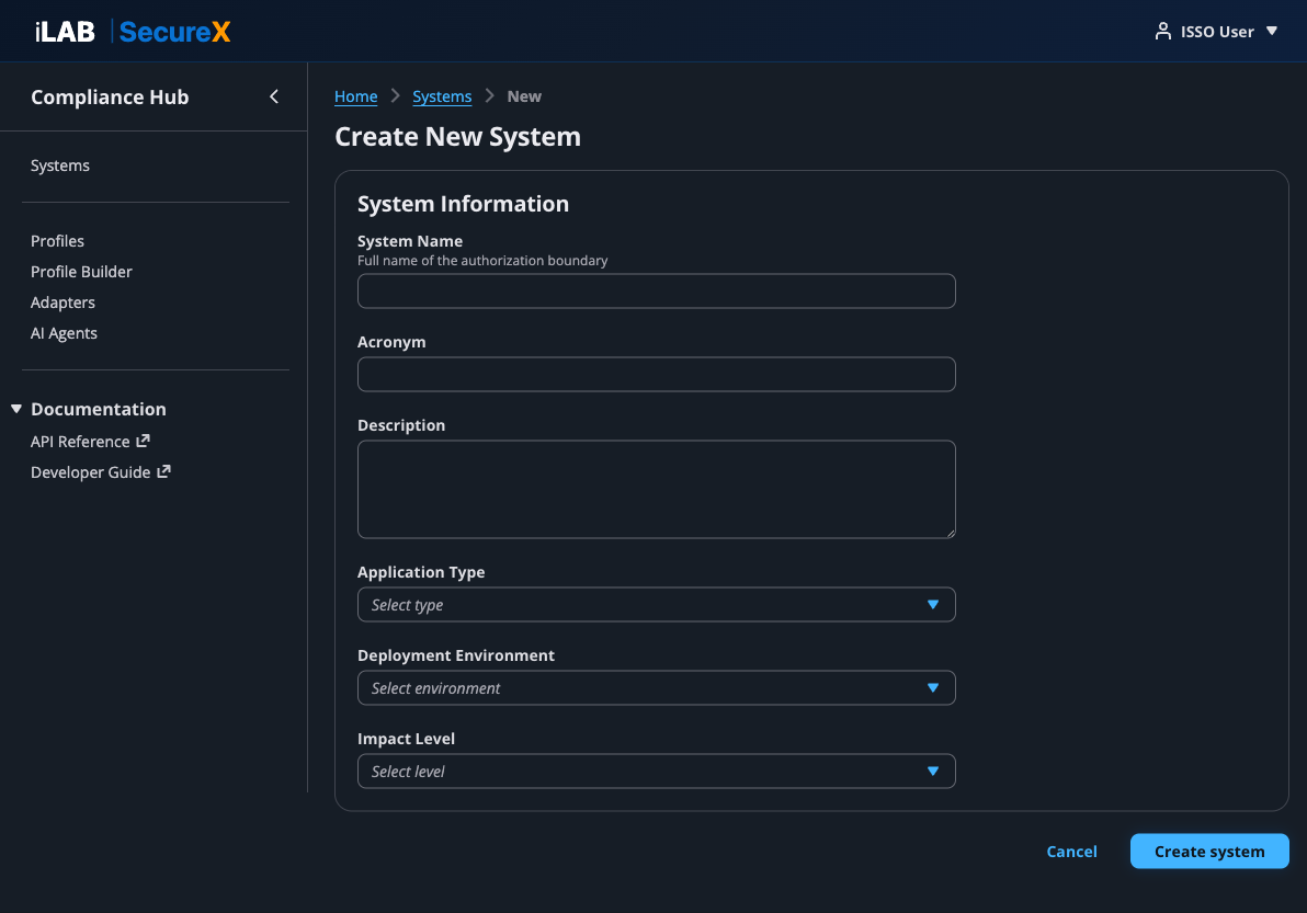 Create New System form with all fields