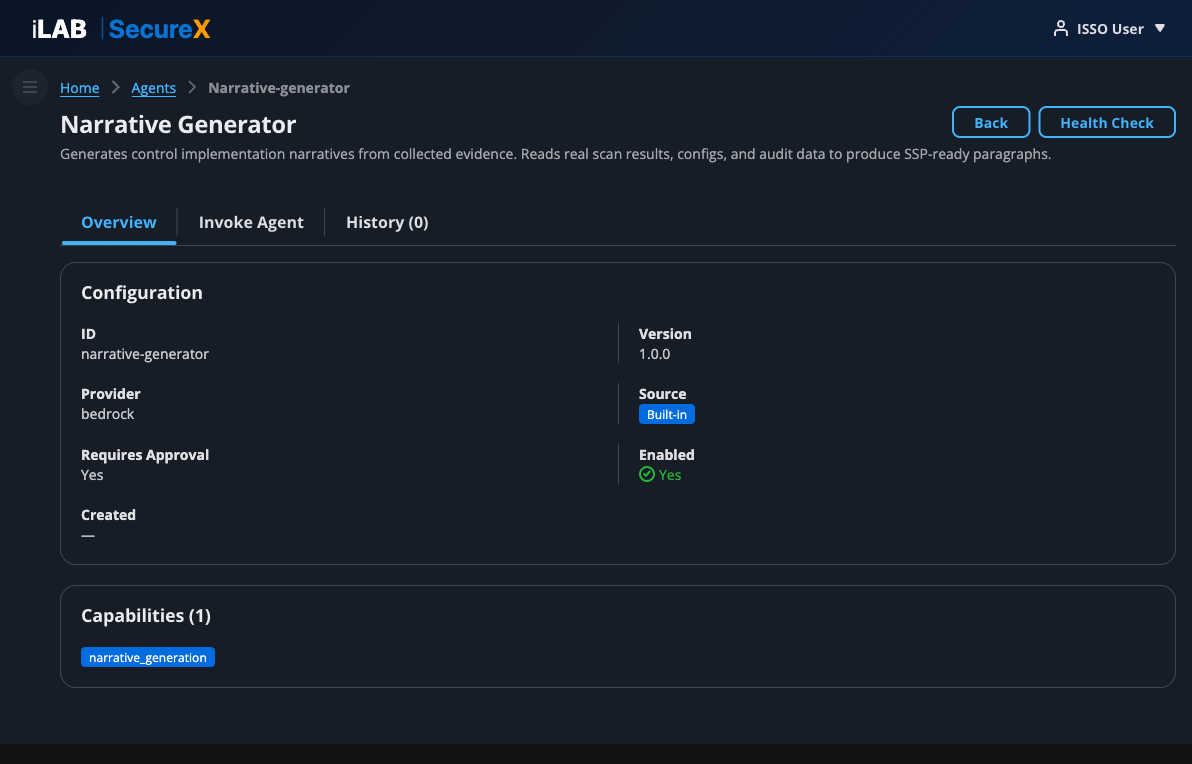 Agent Detail page showing Overview tab with configuration and capabilities