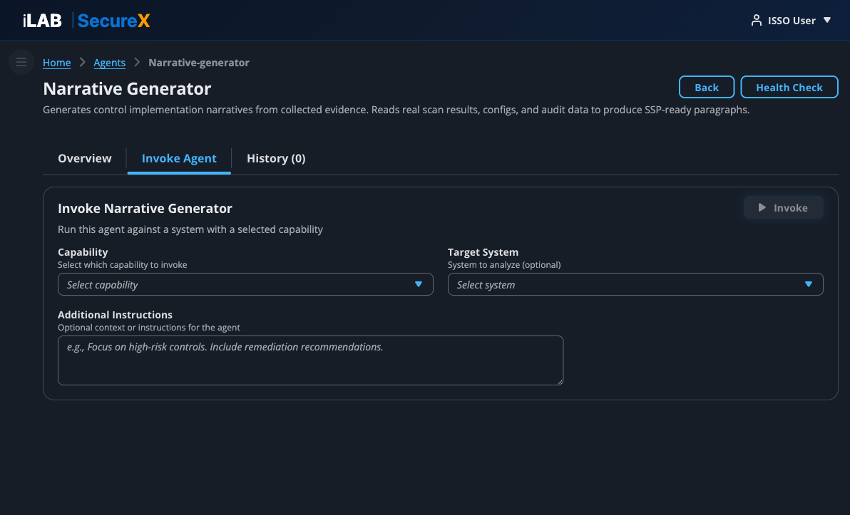 Agent Invoke tab with capability selector, system selector, and instructions